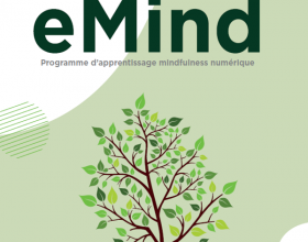 Texte "eMind" et "programme d'apprentissage mindfulness numérique" au dessus du dessin d'un arbre